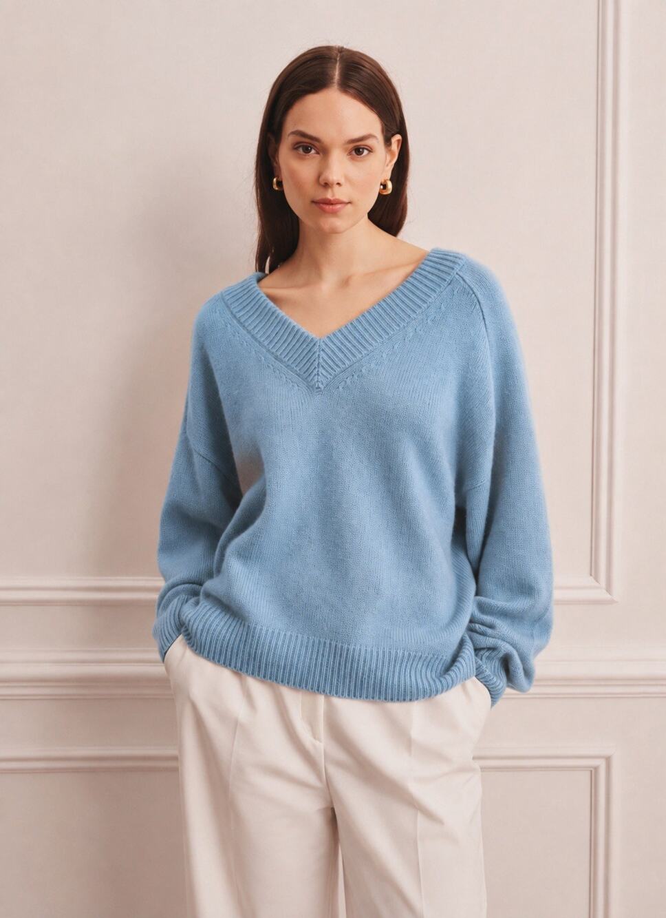 NAADAM Super Luxe 100% Cashmere V-Neck Sweater Baby Blue Oversized Large